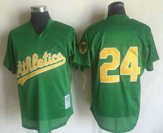 Men's Oakland Athletics #24 Rickey Henderson Green Mesh Batting Practice 1998 Throwback Jersey By Mitchell & Ness