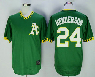 Men's Oakland Athletics #24 Rickey Henderson Green Pullover Throwback Cooperstown Collection Stitched MLB Mitchell & Ness Jersey