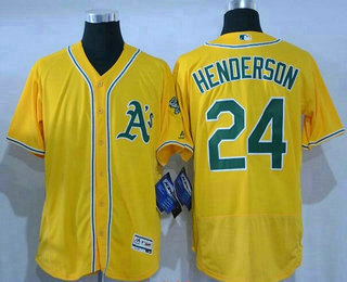 Men's Oakland Athletics #24 Rickey Henderson Retired Yellow Stitched MLB 2016 Majestic Flex Base Jersey