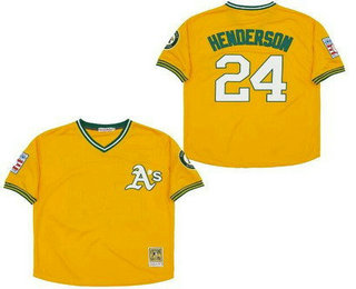 Men's Oakland Athletics #24 Rickey Henderson Yellow Hall of Fame Throwback Jersey
