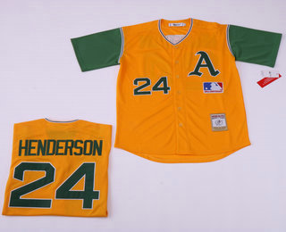 Men's Oakland Athletics #24 Rickey Henderson Yellow With Green Throwback Jersey 2