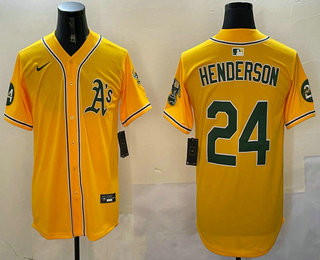 Men's Oakland Athletics #24 Ricky Henderson Yellow 2024 Limited With Patch Stitched Jersey