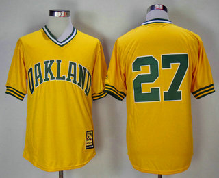 Men's Oakland Athletics #27 Catfish Hunter Majestic Cooperstown Yellow Mitchell & Ness Throwback Jersey