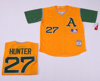 Men's Oakland Athletics #27 Catfish Hunter Yellow With Green Throwback Jersey 2