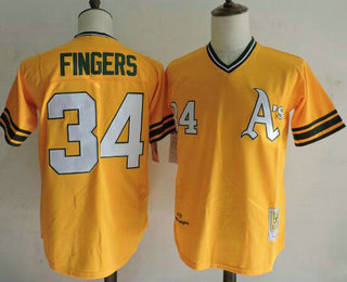 Men's Oakland Athletics #34 Rollie Fingers 1972 Majestic Cooperstown Yellow Mitchell & Ness Throwback Jersey