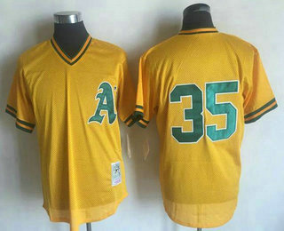 Men's Oakland Athletics #35 Rickey Henderson Yellow Mesh Batting Practice Throwback Jersey By Mitchell & Ness