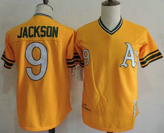 Men's Oakland Athletics #9 Reggie Jackson 1972 Majestic Cooperstown Yellow Mitchell & Ness Throwback Jersey