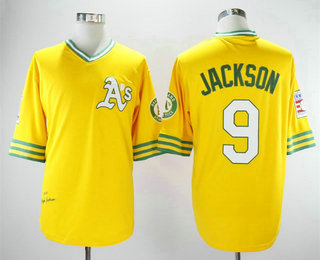 Men's Oakland Athletics #9 Reggie Jackson Yellow Turn Back The Clock Copperstown Collection Jersey