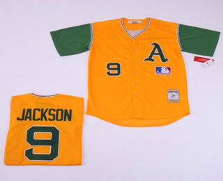 Men's Oakland Athletics #9 Reggie Jackson Yellow With Green Throwback Jersey 2