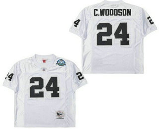 Men's Oakland Raiders #24 Charles Woodson White 2002 Super Bowl XXXVII Throwback Jersey