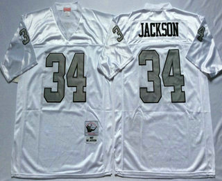 Men's Oakland Raiders #34 Bo Jackson White With Silver Throwback Jersey by Mitchell & Ness