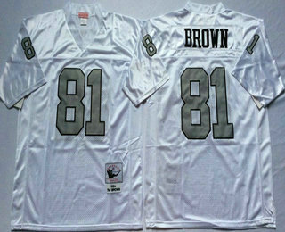 Men's Oakland Raiders #81 Tim Brown White With Silver Throwback Jersey by Mitchell & Ness