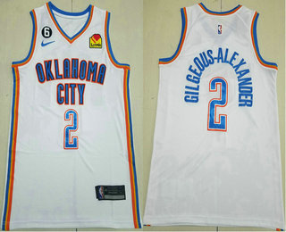 Men's Oklahoma City Thunder #2 Shai Gilgeous-Alexander 2023 White With 6 Patch Stitched Jersey With Sponsor
