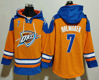 Men's Oklahoma City Thunder #7 Chet Holmgren Orange Blue Lace Up Pullover Hoodie