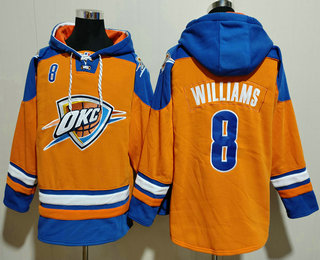 Men's Oklahoma City Thunder #8 Jalen Williams Orange Blue Lace Up Pullover Hoodie