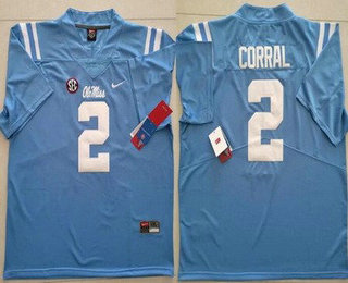 Men's Ole Miss Rebels #2 Matt Corral Light Blue College Football Jersey
