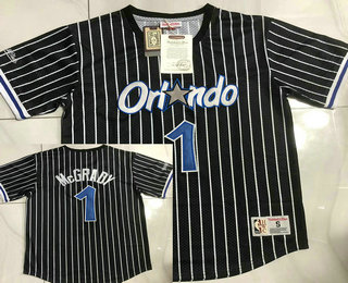 Men's Orlando Magic #1 Tracy McGrady Black Pinstripe Short Sleeved AU Throwback Jersey