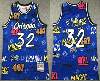 Men's Orlando Magic #32 Shaquille ONeal Blue Swingman Throwback Graffiti Baseball Jersey