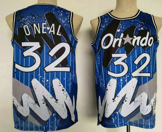 Men's Orlando Magic #32 Shaquille Oneal Blue Floral Laser Printing Throwback Jersey