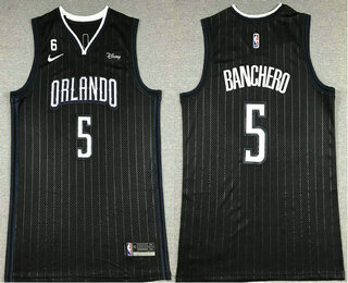 Men's Orlando Magic #5 Paolo Banchero ALL Black With 6 Patch Stitched Jersey With Sponsor