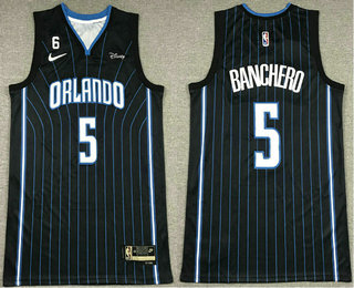 Men's Orlando Magic #5 Paolo Banchero Black With 6 Patch Stitched Jersey With Sponsor