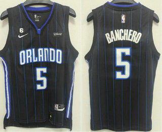 Men's Orlando Magic #5 Paolo Banchero Black With No 6 Patch 2022 Stitched Jersey With Sponsor