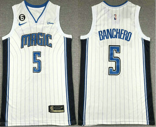 Men's Orlando Magic #5 Paolo Banchero White With 6 Patch Stitched Jersey With Sponsor