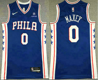 Men's Philadelphia 76ers #0 Tyrese Maxey Blue 75th Anniversary Diamond Nike 2021 Stitched Jersey With Sponsor