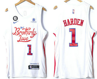 Men's Philadelphia 76ers #1 James Harden 2022 White City Edition With 6 Patch Stitched Jersey With Sponsor