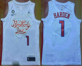 Men's Philadelphia 76ers #1 James Harden 2022 White City Edition With 6 Patch Stitched Jersey With Sponsor