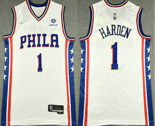 Men's Philadelphia 76ers #1 James Harden White 75th Anniversary Diamond Nike 2021 Stitched Jersey With Sponsor