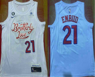 Men's Philadelphia 76ers #21 Joel Embiid 2022 White City Edition With 6 Patch Stitched Jersey With Sponsor