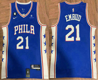 Men's Philadelphia 76ers #21 Joel Embiid Blue 6 Patch Icon Sponsor Swingman Jersey