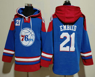 Men's Philadelphia 76ers #21 Joel Embiid Blue Ageless Must Have Lace Up Pullover Hoodie