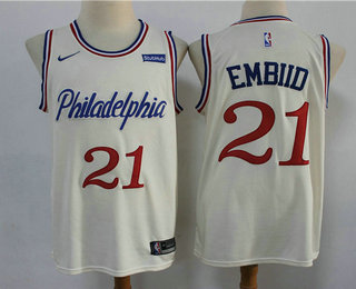 Men's Philadelphia 76ers #21 Joel Embiid Cream 2020 City Edition NBA Swingman Jersey With The Sponsor Logo