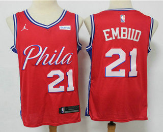 Men's Philadelphia 76ers #21 Joel Embiid Red 2021 Brand Jordan Swingman Stitched NBA Jersey With Sponsor Logo