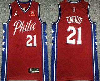 Men's Philadelphia 76ers #21 Joel Embiid Red 75th Anniversary Diamond Jordan 2021 Stitched Jersey With Sponsor