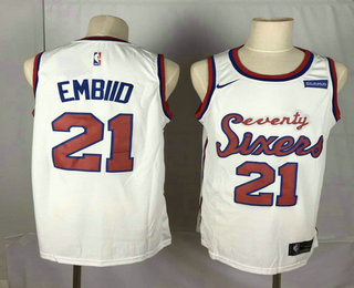 Men's Philadelphia 76ers #21 Joel Embiid White 2019-20 Hardwood Classics Jersey With The Sponsor Logo