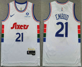 Men's Philadelphia 76ers #21 Joel Embiid White 2024 City Edition Swingman Sponsor Stitched Jersey