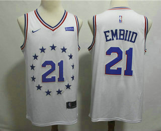 Men's Philadelphia 76ers #21 Joel Embiid White Nike Swingman 2018 playoffs Earned Edition Stitched Jersey With The Sponsor Logo