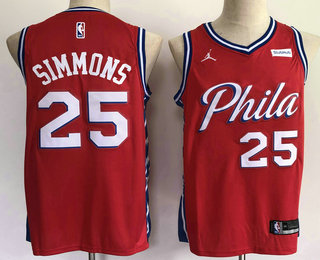 Men's Philadelphia 76ers #25 Ben Simmons Red 2021 Brand Jordan Swingman Stitched NBA Jersey With Sponsor Logo