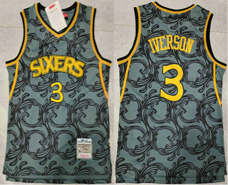 Men's Philadelphia 76ers #3 Allen Iverson 1997-98 Black Gold Swingman Throwback Fashion Jersey