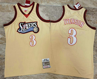 Men's Philadelphia 76ers #3 Allen Iverson 1997-98 Gold Hardwood Classics Soul AU Throwback Jersey