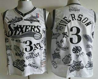 Men's Philadelphia 76ers #3 Allen Iverson 1997-98 White Hardwood Classics Soul Swingman Throwback Fashion Jersey