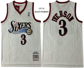 Men's Philadelphia 76ers #3 Allen Iverson 1997-98 White Hardwood Classics Soul Swingman Throwback Jersey