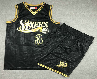 Men's Philadelphia 76ers #3 Allen Iverson Black 2000-01 Hardwood Classics Soul Swingman Throwback Jersey With Shorts