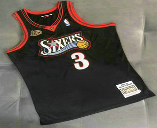 Men's Philadelphia 76ers #3 Allen Iverson Black 2001 Finals Patch Hardwood Classics Soul AU Throwback Jersey