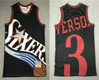 Men's Philadelphia 76ers #3 Allen Iverson Black Big Face Mitchell Ness Hardwood Classics Soul Swingman Throwback Jersey