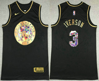 Men's Philadelphia 76ers #3 Allen Iverson Black Golden Edition 75th Diamon Nike Swingman Stitched Jersey