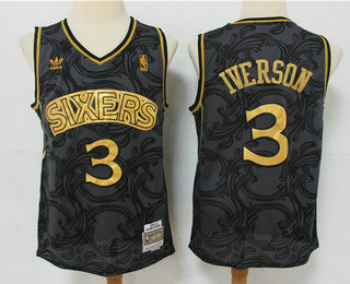 Men's Philadelphia 76ers #3 Allen Iverson Black Golden Hardwood Classics Soul Swingman Throwback Jersey